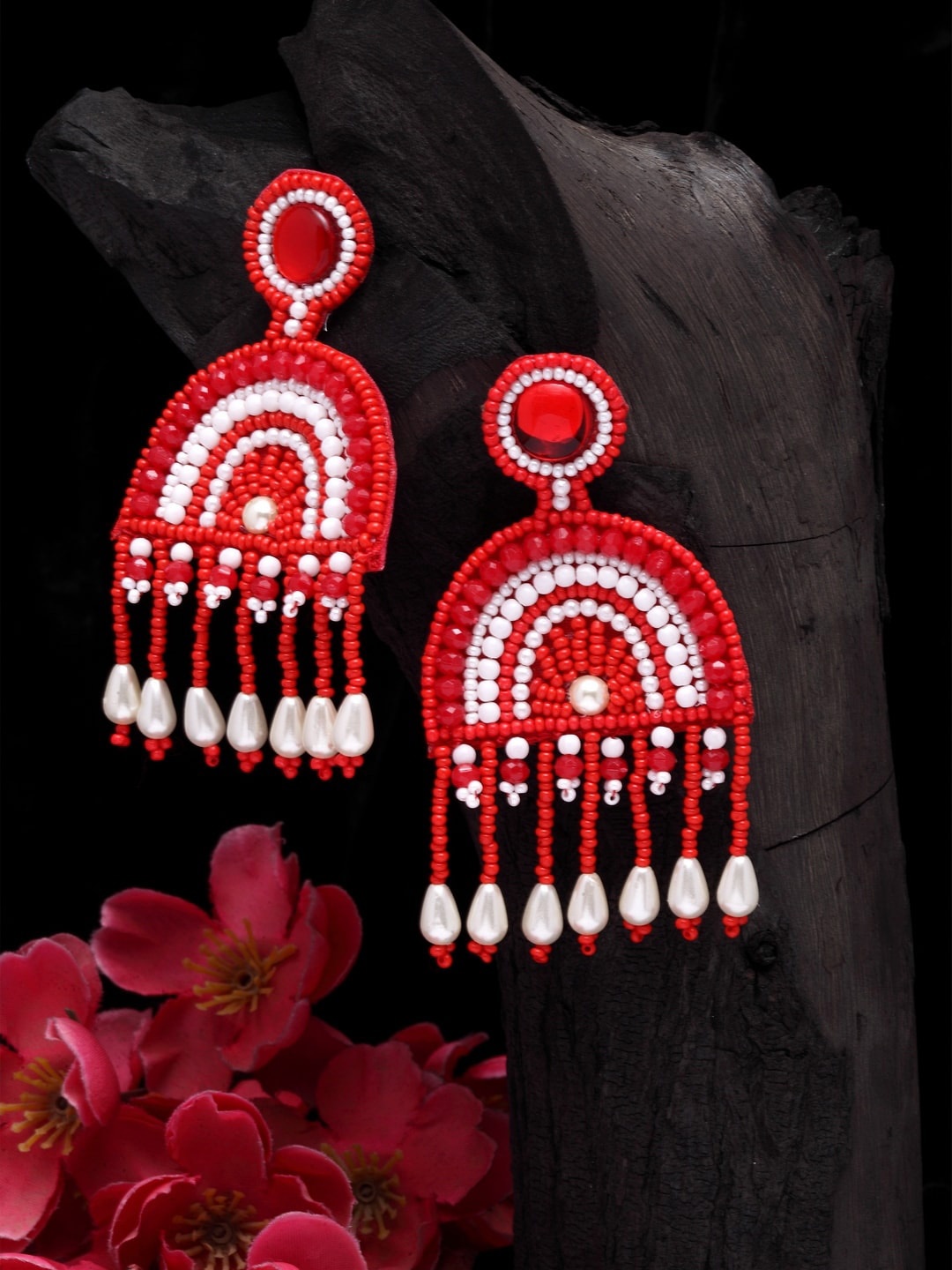 

Moedbuille Red & White Geometric Drop Earrings
