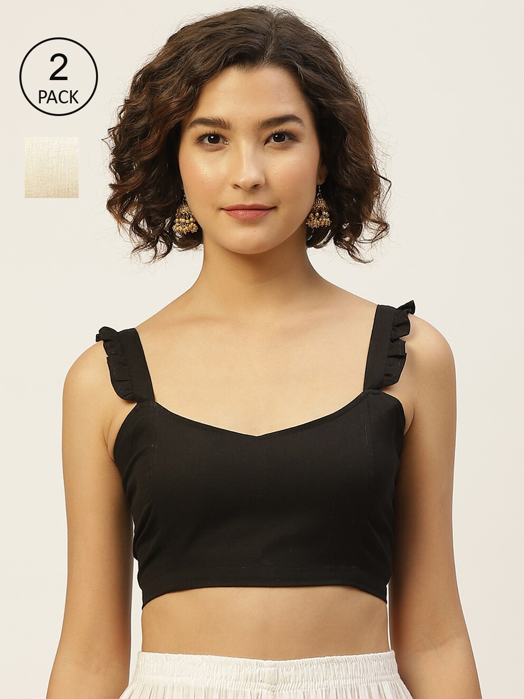

Molcha Women Pack Of 2 Solid Pure Cotton Saree Blouse, Black