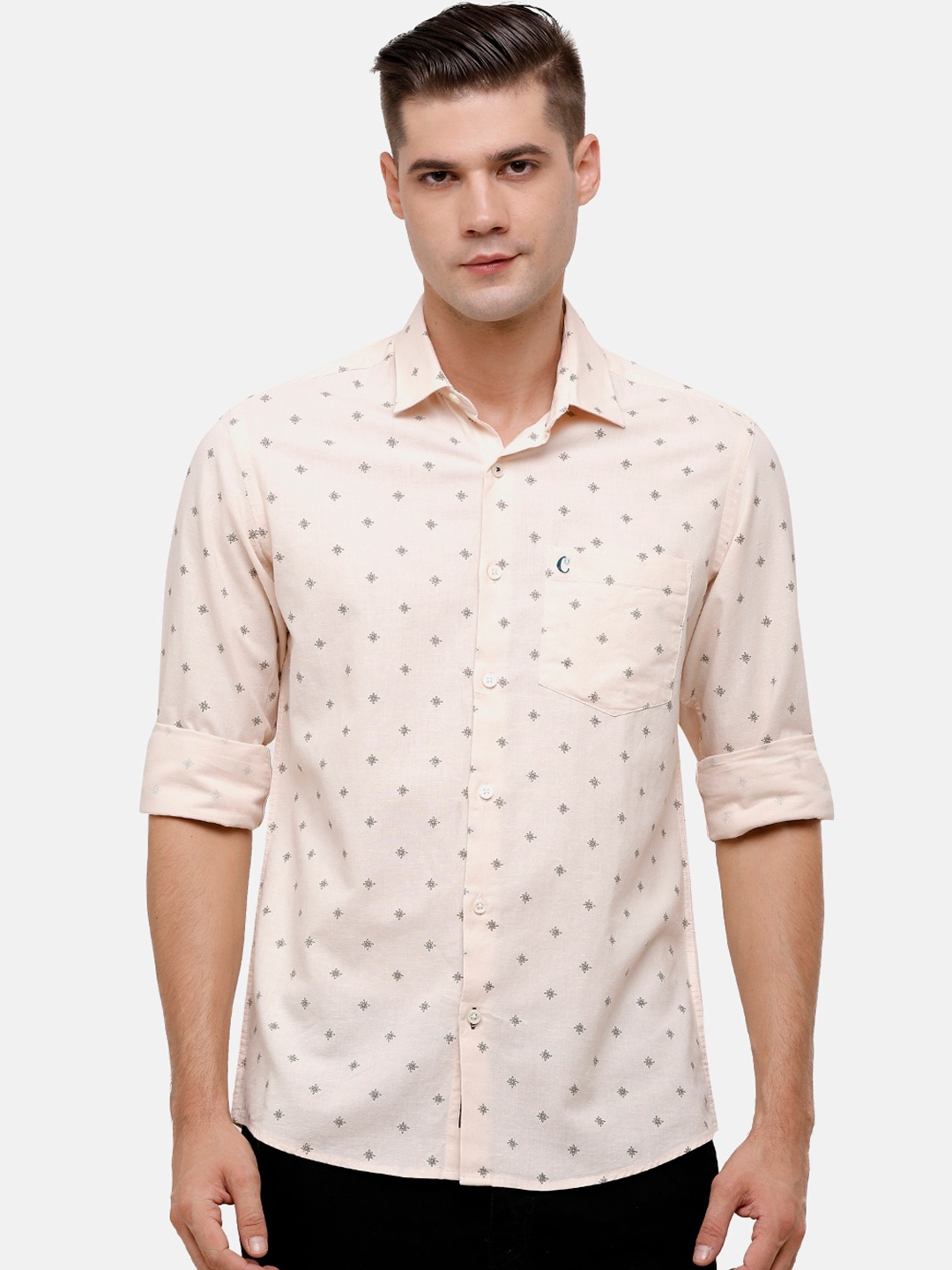 

CAVALLO by Linen Club Men Peach-Coloured Printed Cotton-Linen Casual Shirt