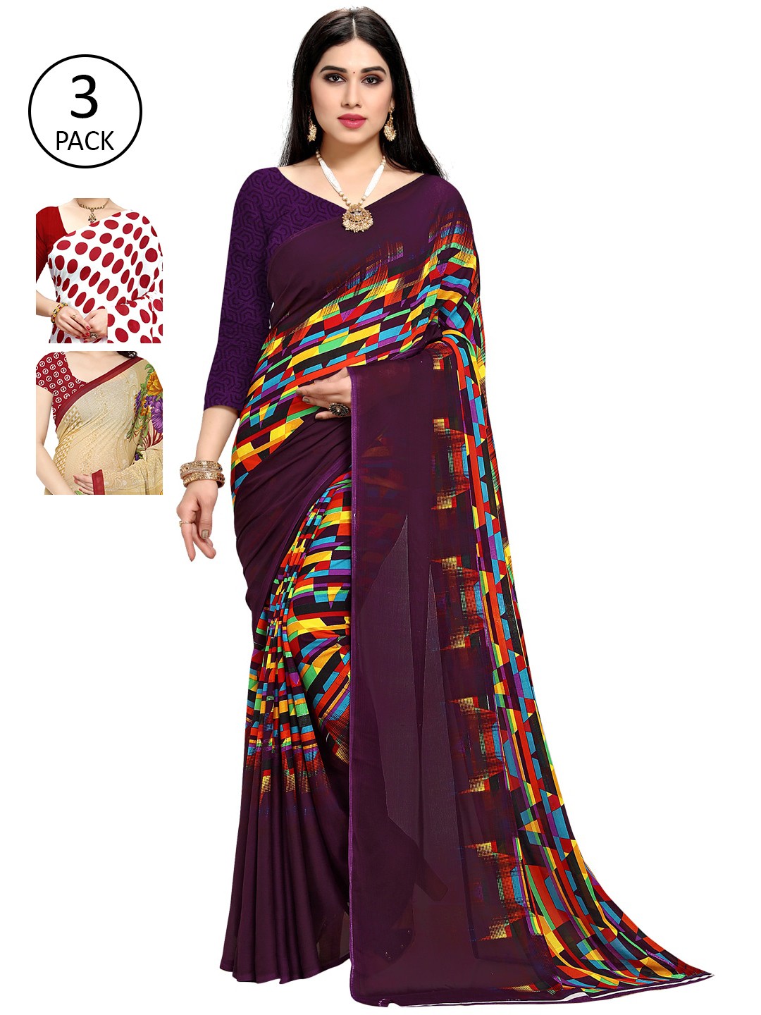 

KALINI Set Of 3 Multicoloured Poly Georgette Printed Sarees, Multi