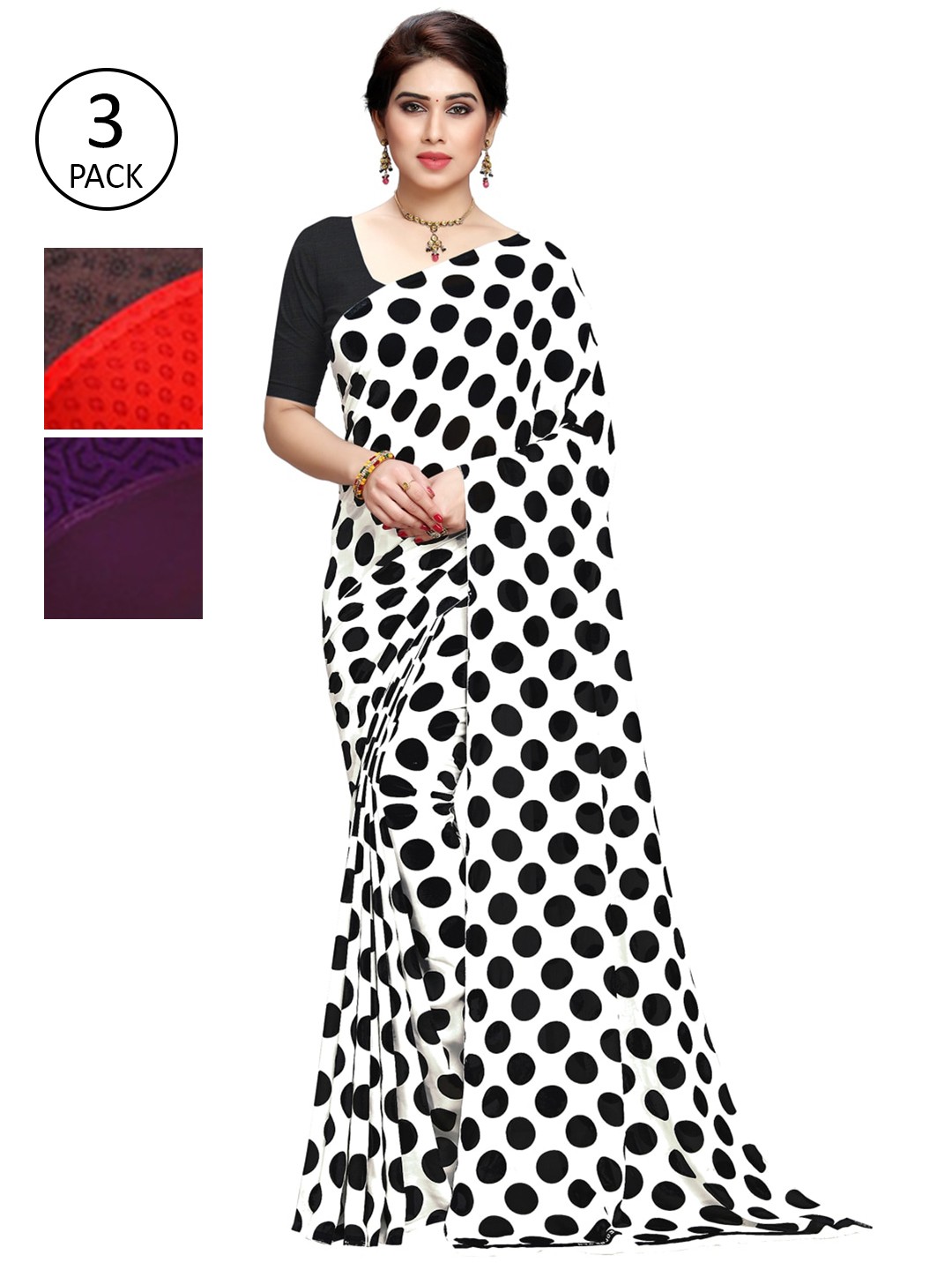 

KALINI Pack of 3 Poly Georgette Printed Sarees, White