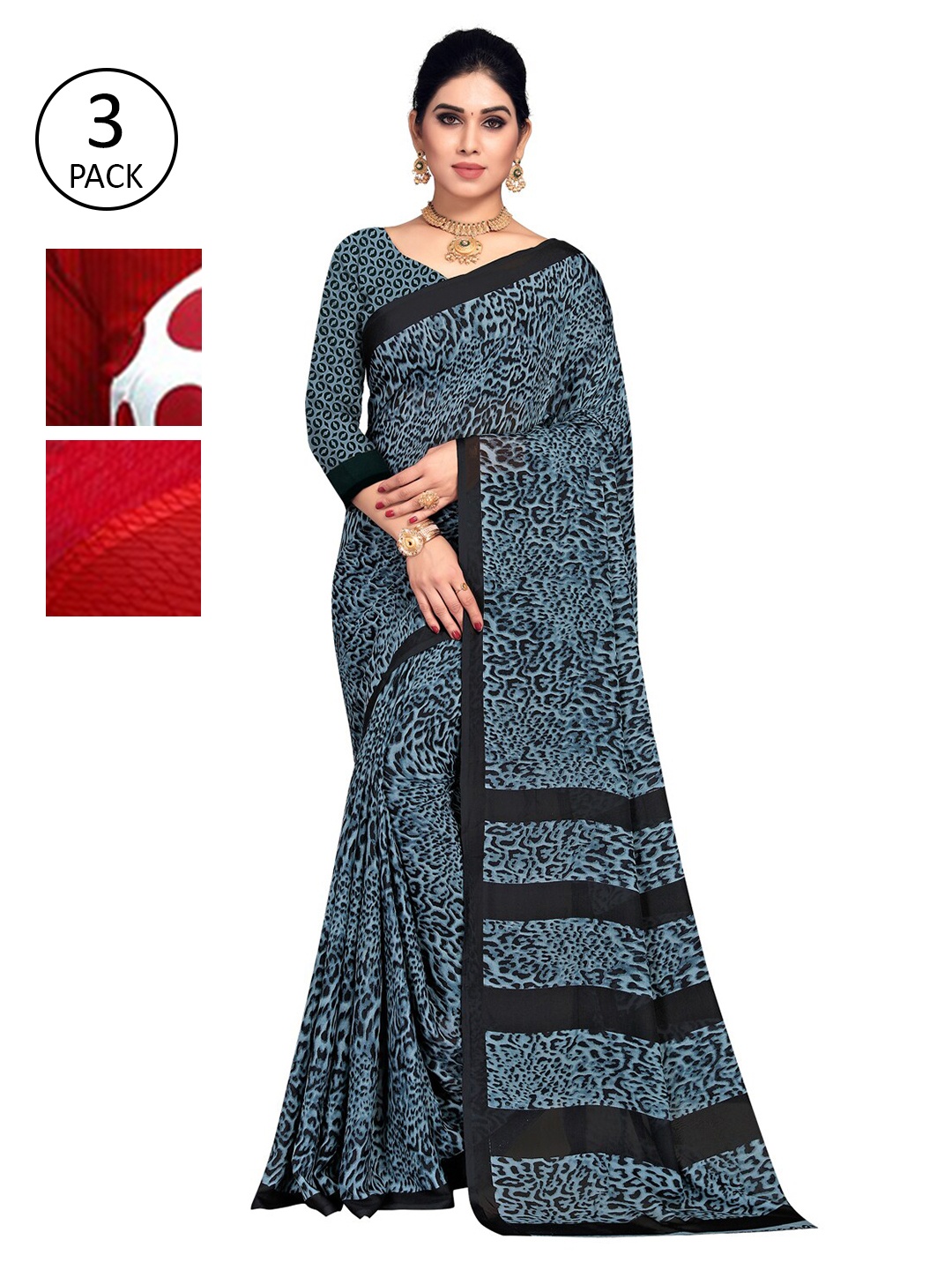 

ANAND SAREES Pack of 3 Poly Georgette Printed Sarees, Red
