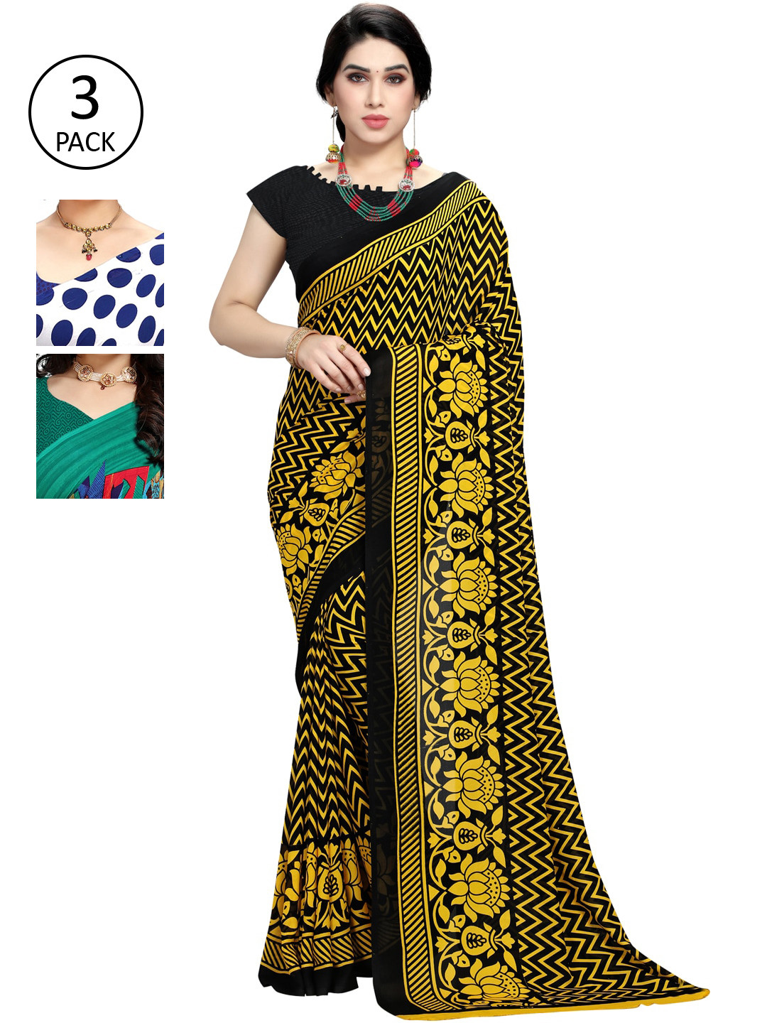 

KALINI Women Pack of 3 Printed Sarees, Yellow