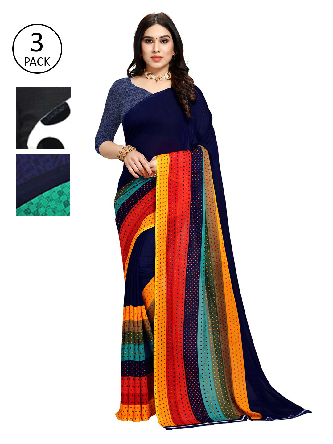 

KALINI Pack of 3 Printed Poly Georgette Sarees, White