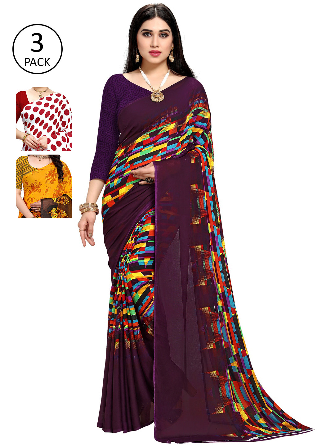 

KALINI Pack of 3 Poly Georgette Sarees, Purple