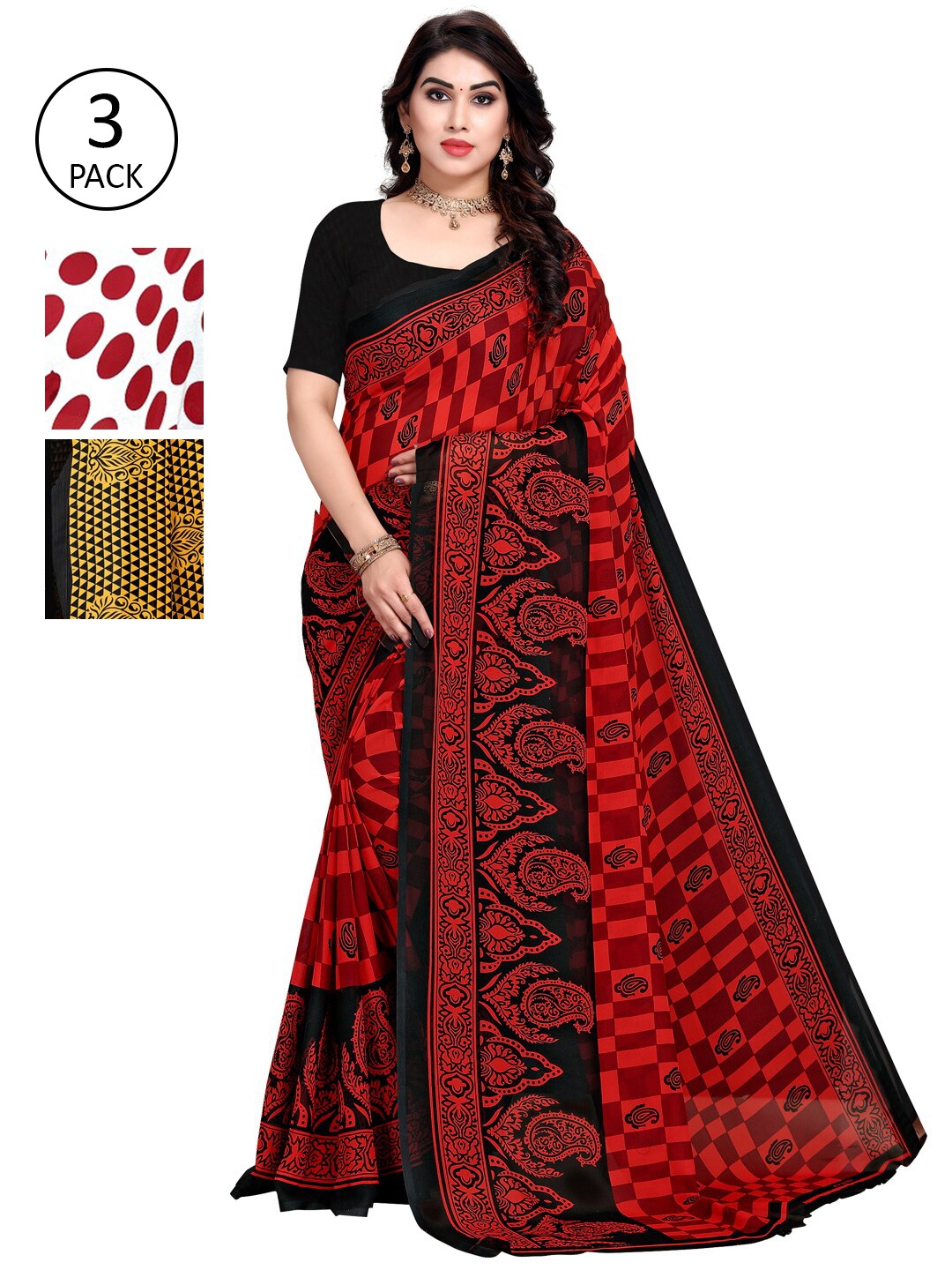 

KALINI Pack of 3 Poly Georgette Printed Sarees, White