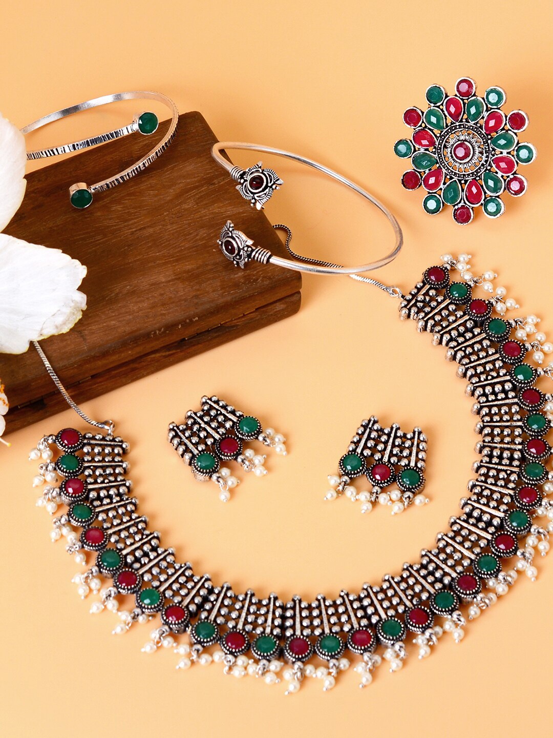

TEEJH Oxidized Silver-Toned & Red Stone-Studded Beaded Handcrafted Jewellery Set