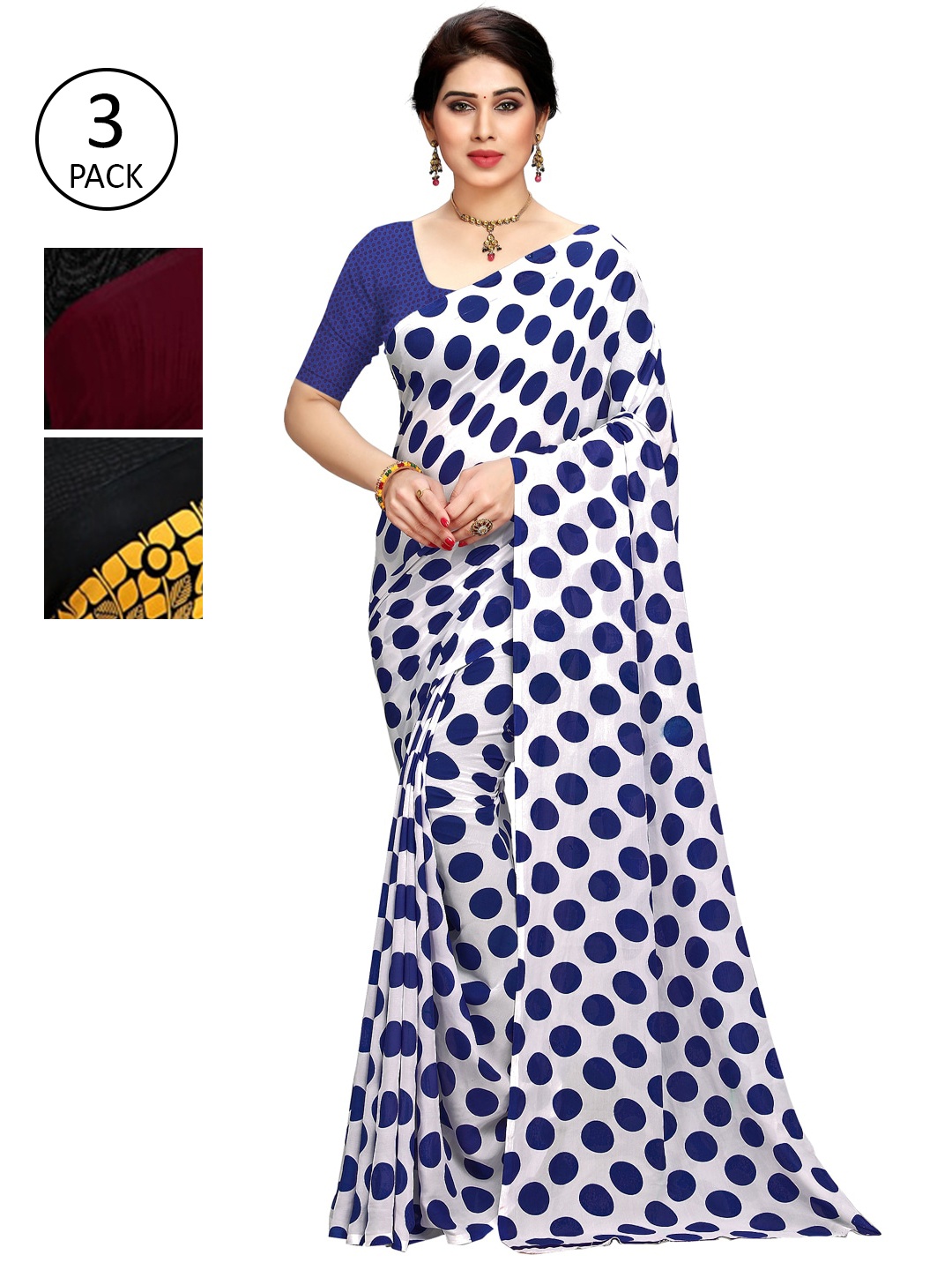 

KALINI Pack of 3 Printed Sarees, White