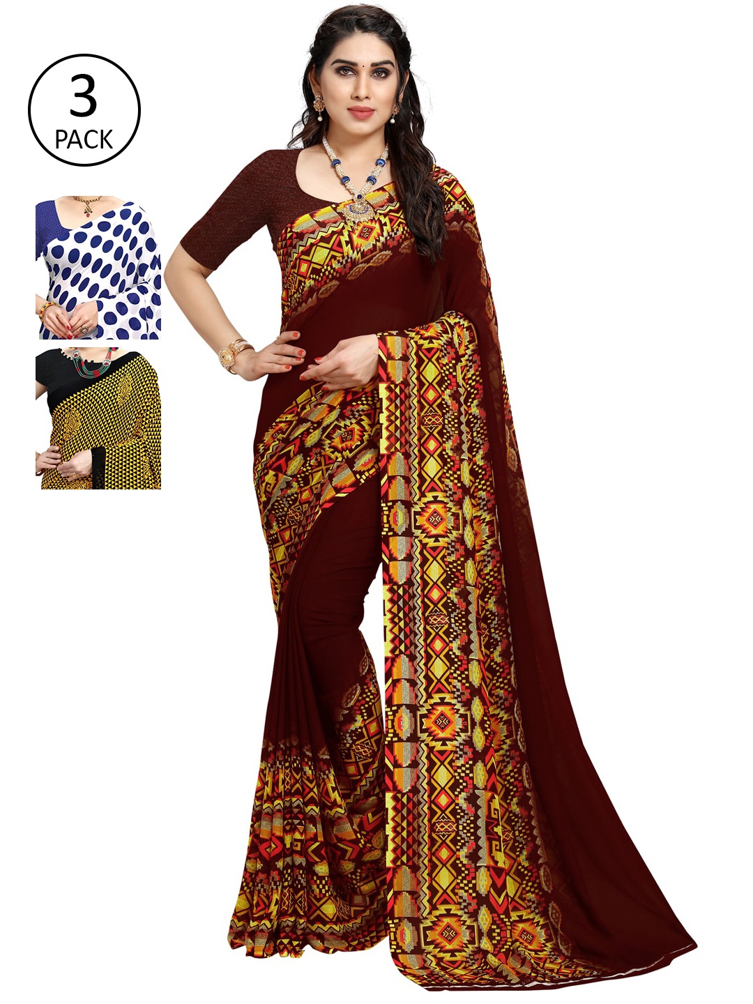 

KALINI Pack of 3 Poly Georgette Printed Sarees, White