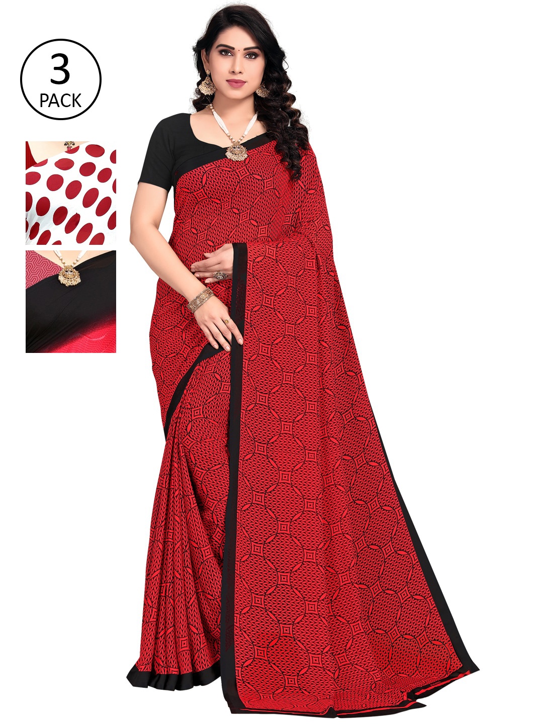 

KALINI Pack of 3 Poly Georgette Sarees, Pink