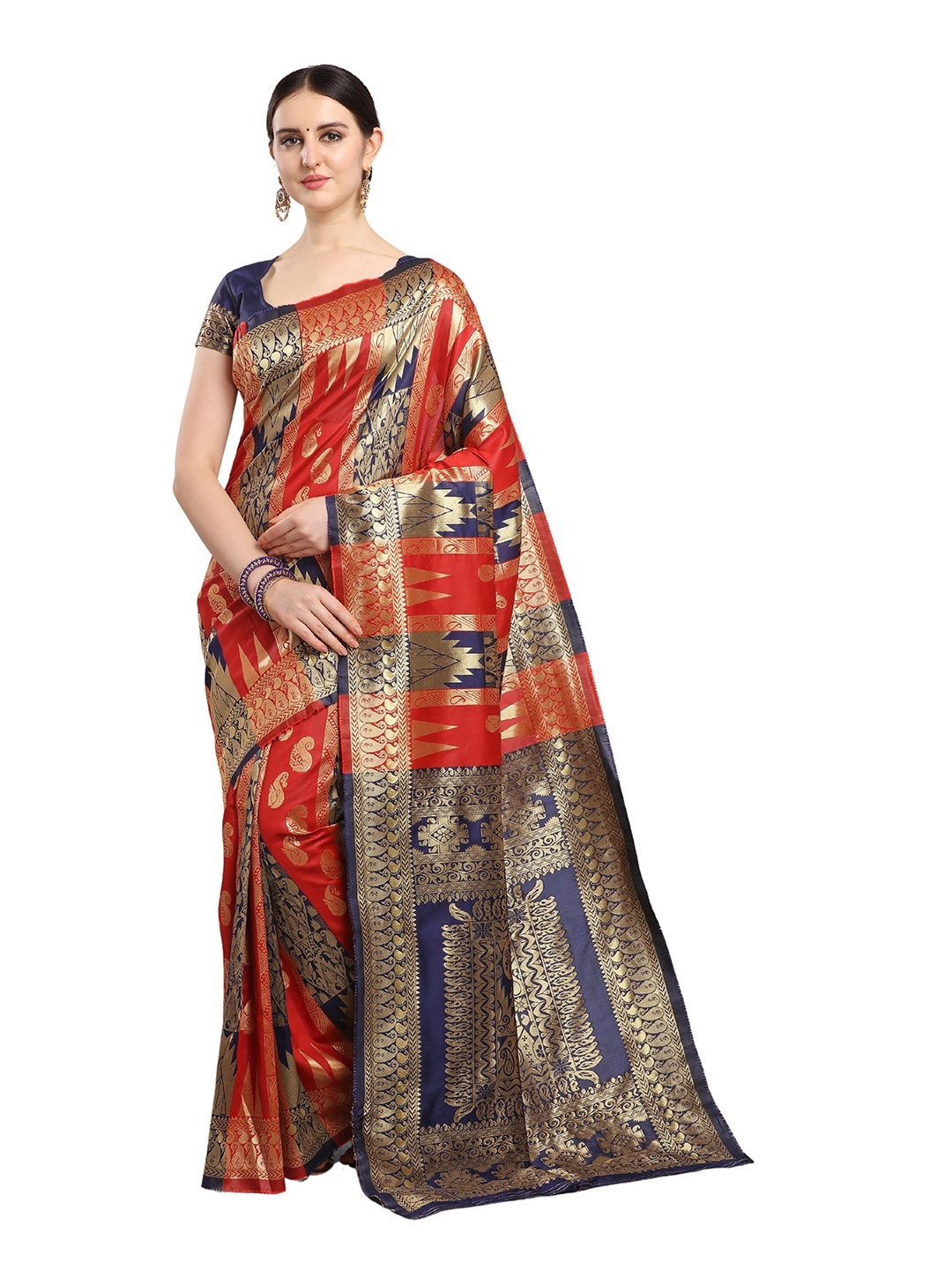 

KALINI Red & Navy Blue Paisley Zari Silk Blend Banarasi Saree