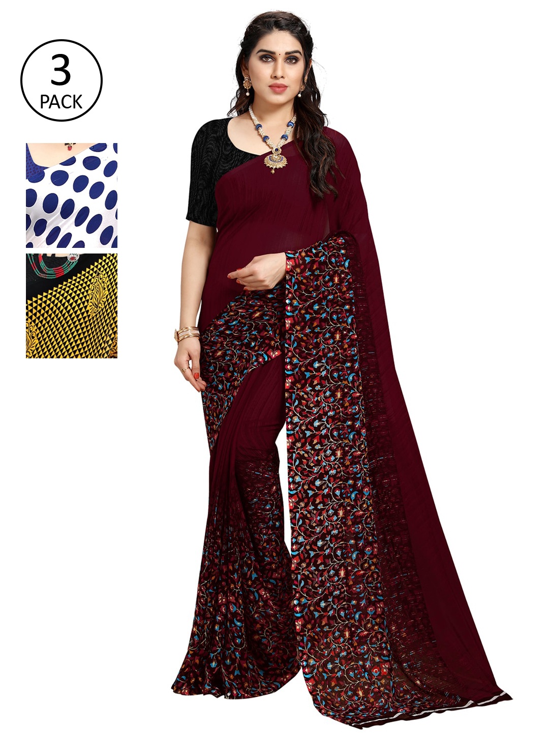 

KALINI Women Pack of 3 Printed Sarees, White