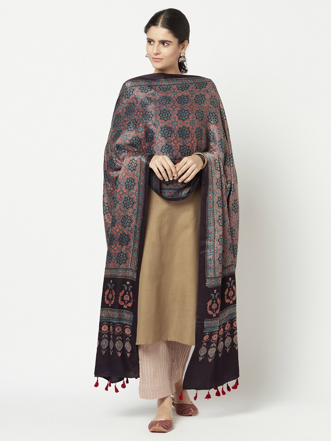 

Fabindia Blue & Orange Ethnic Motifs Printed Pure Silk Dupatta