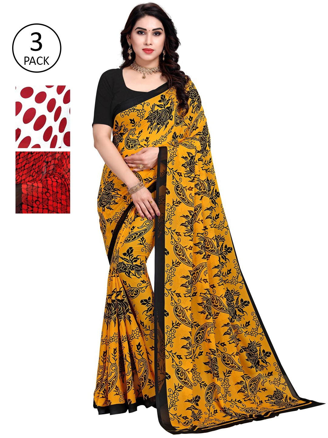 

KALINI Pack of 3 Poly Georgette Printed Sarees, White