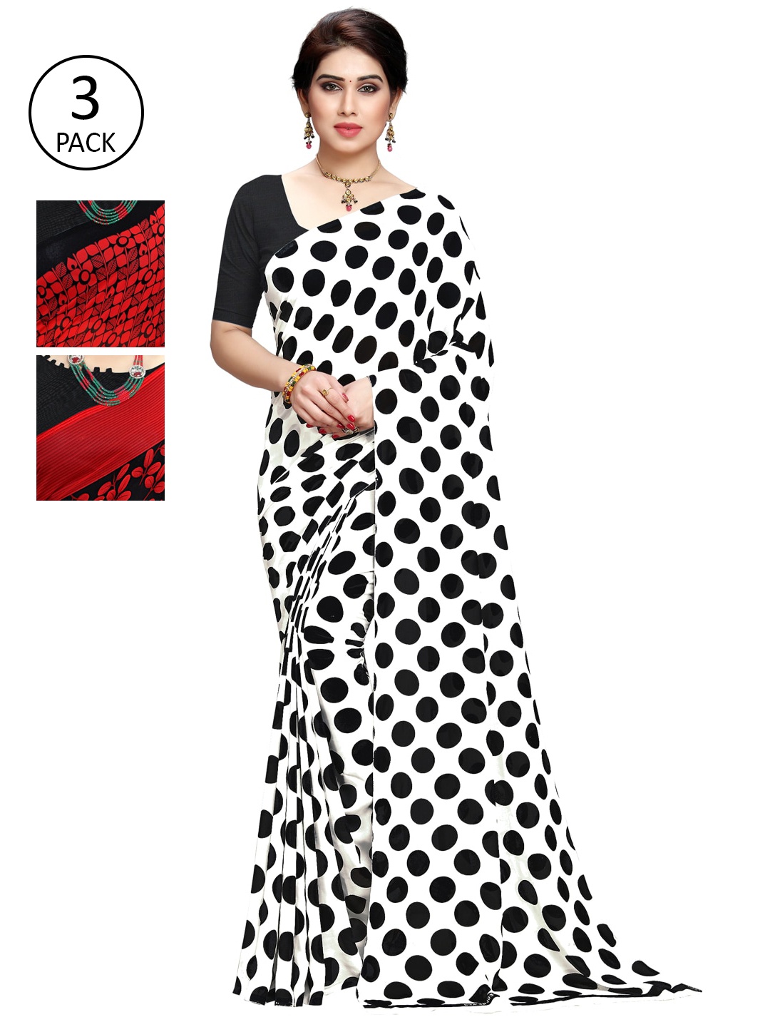 

KALINI Set of 3 White, Black & Red Printed Sarees