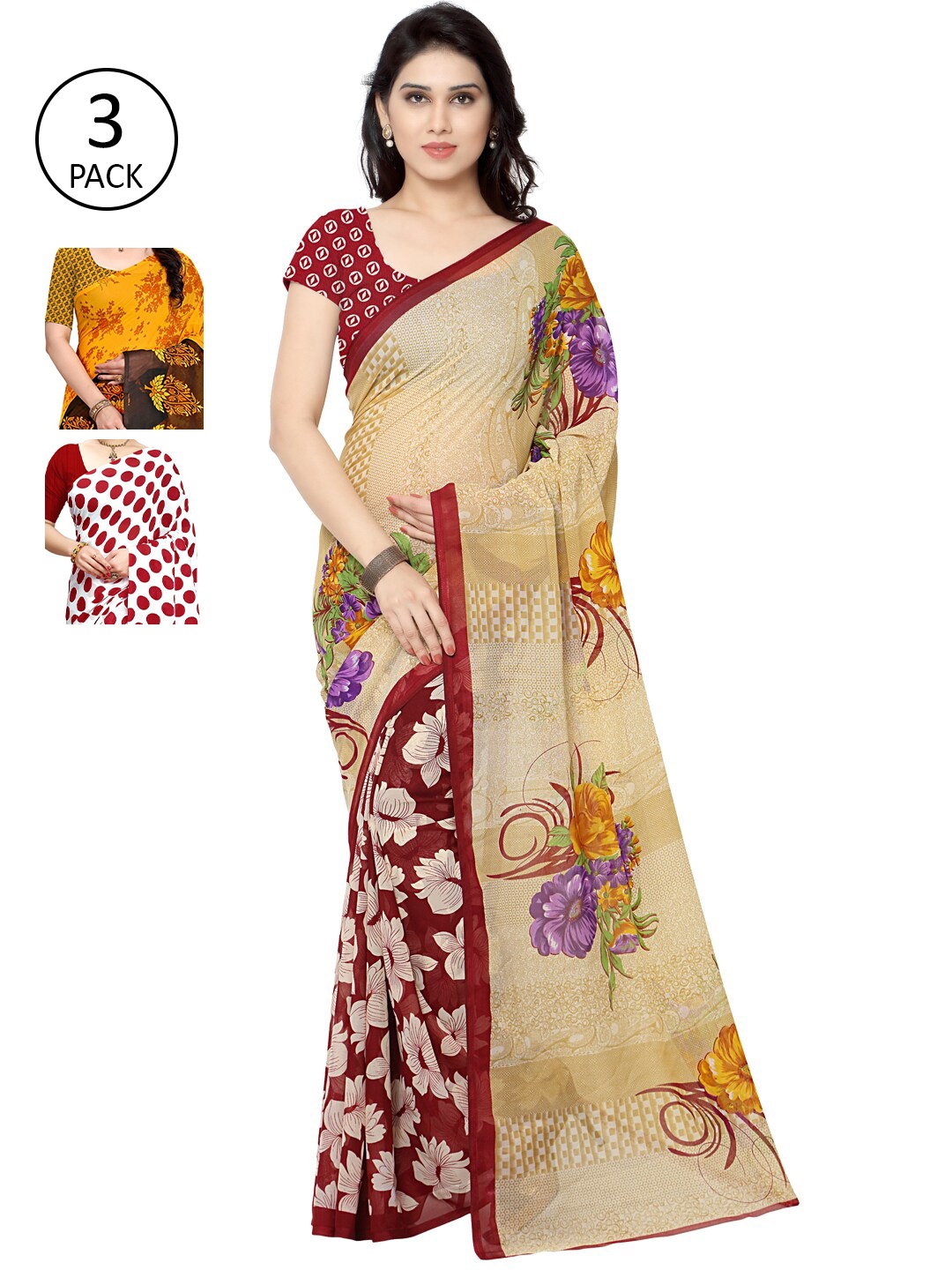 

KALINI Pack of 3 Poly Georgette Printed Sarees, Red