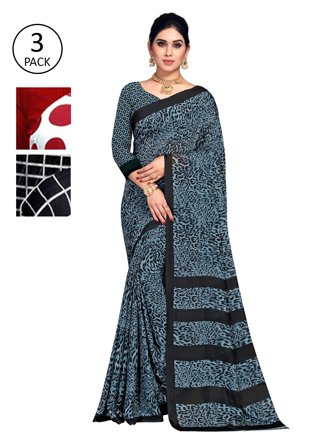 

ANAND SAREES Women Women Pack of 3 Printed Sarees, Red