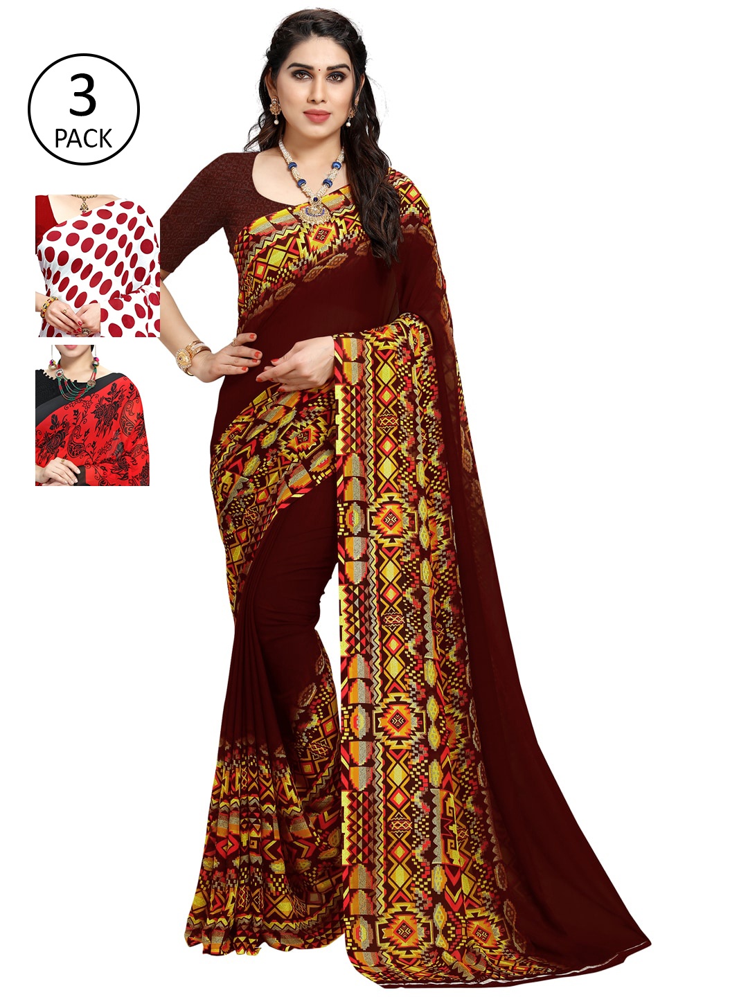 

KALINI Women Pack Of 3 Printed Saree, Red