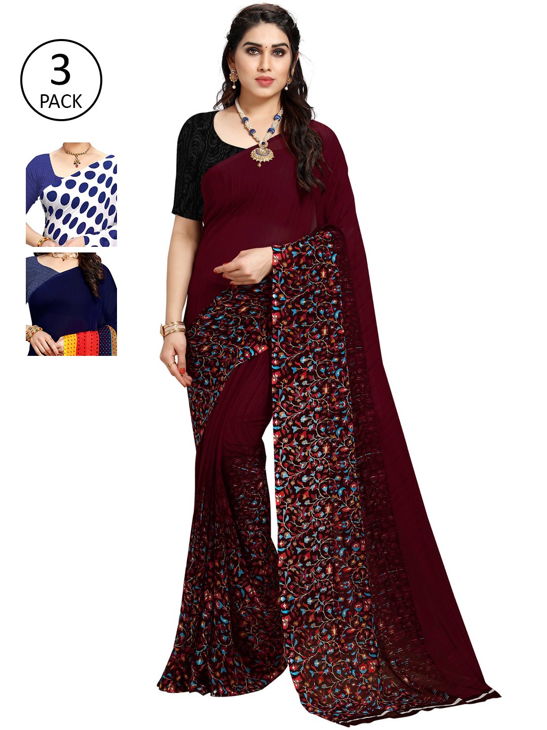 

KALINI Pack of 3 Printed Sarees with Unstitched Blouse Pieces, Multi