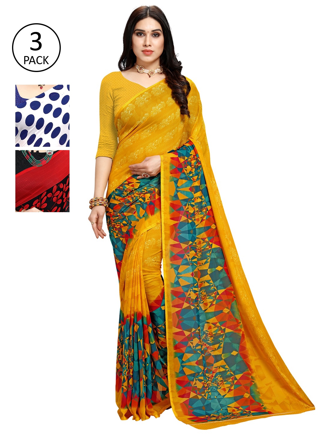 

KALINI Women Pack of 3 Printed Sarees, White