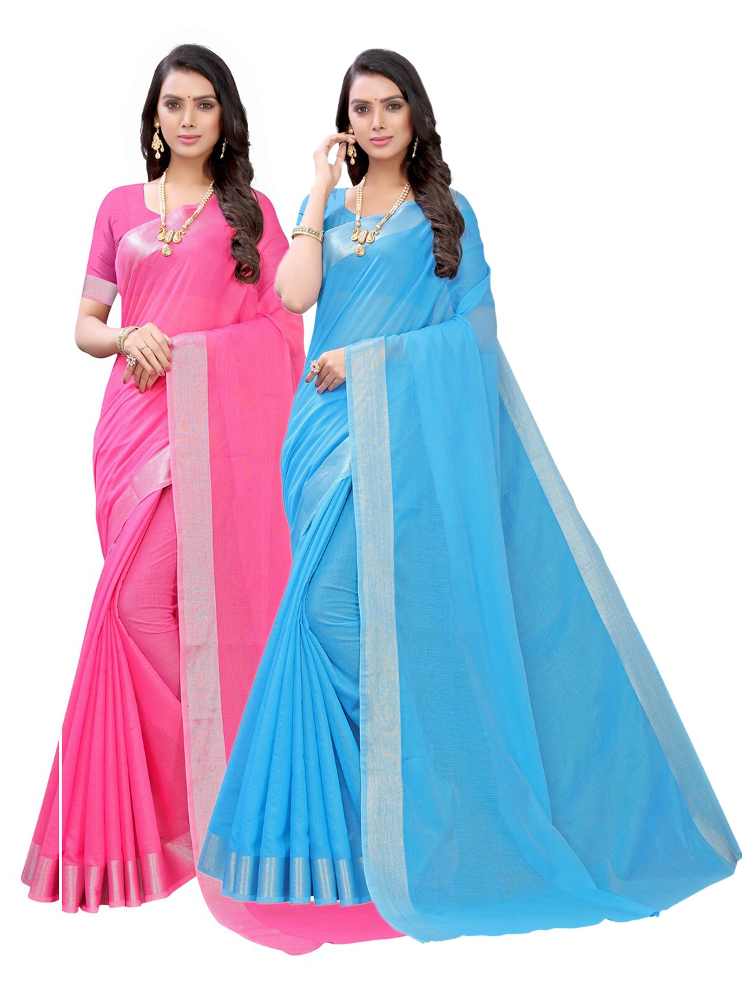 

KALINI Pack of 2 Pink & Blue Zari Cotton Blend Saree
