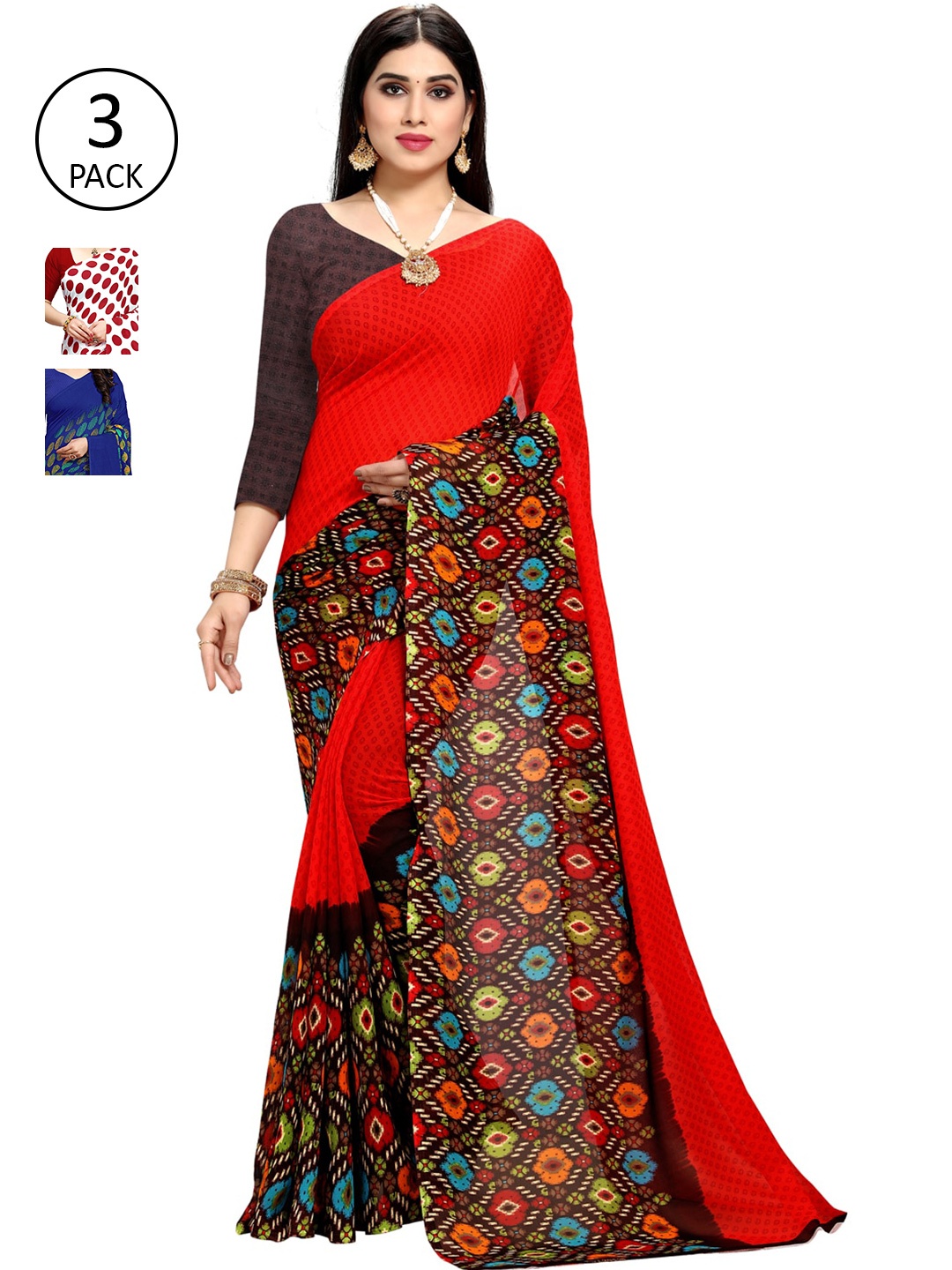 

KALINI Pack of 3 Poly Georgette Saree, White