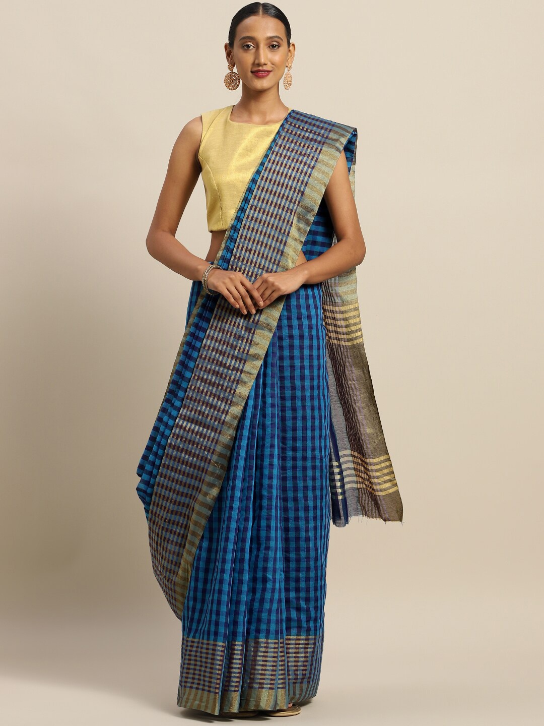 

KALINI Blue & Gold-Toned Checked Art Silk Saree
