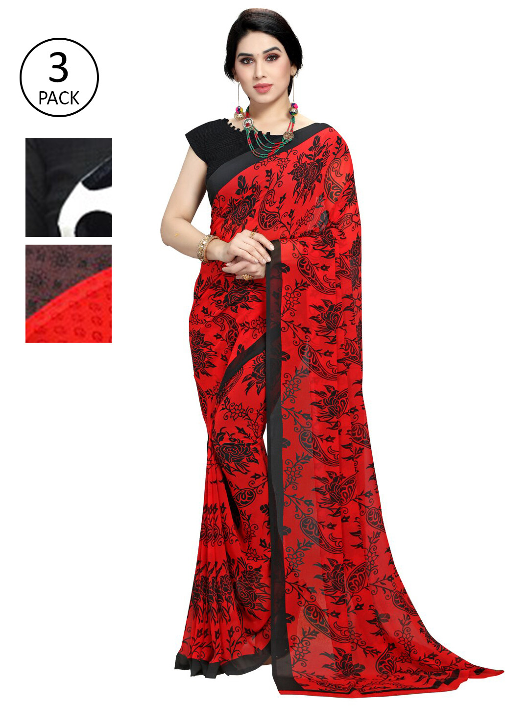 

KALINI Pack of 3 Poly Georgette Printed Sarees, White