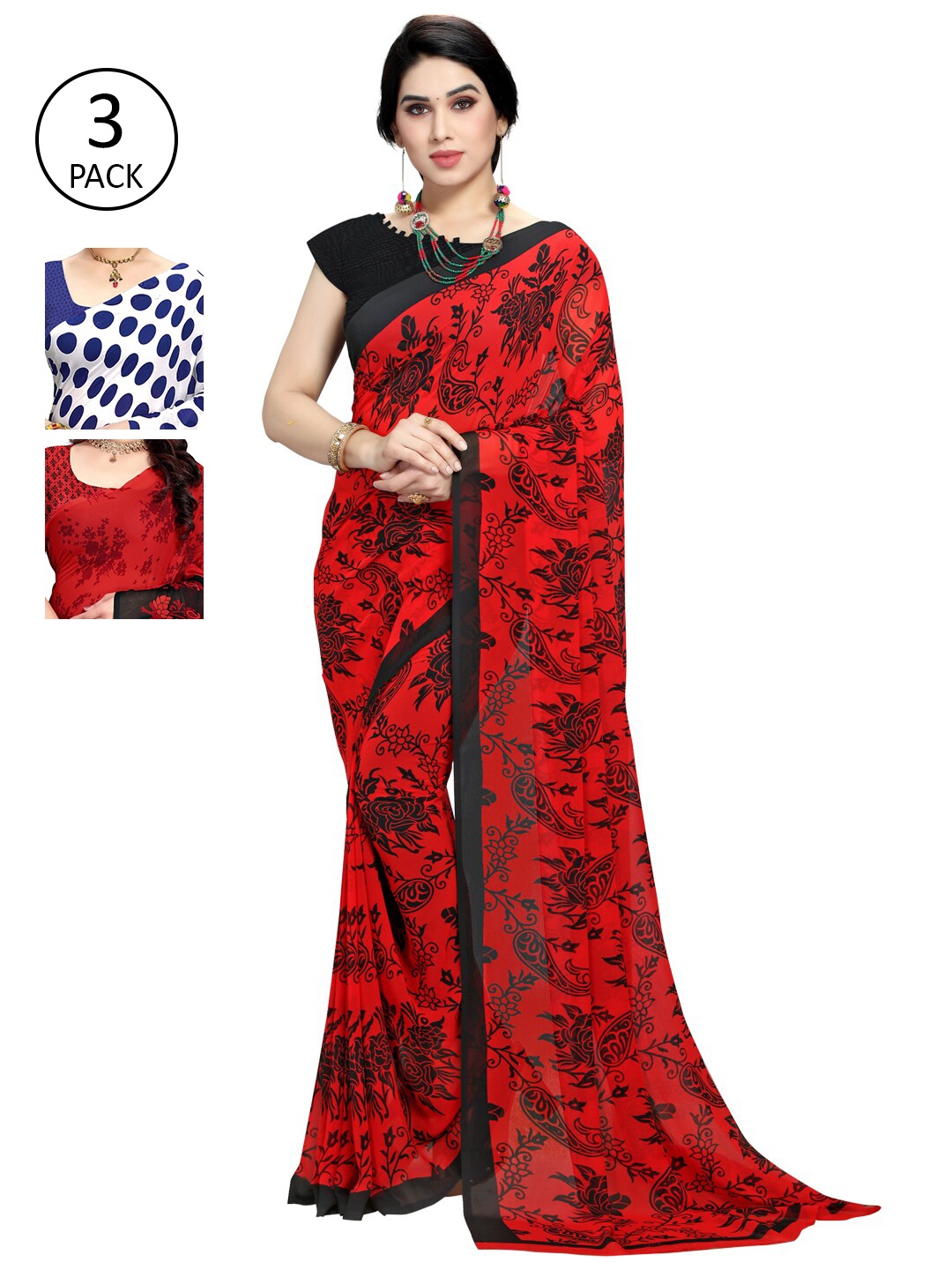 

KALINI Women Pack Of 3 Printed Saree, Red