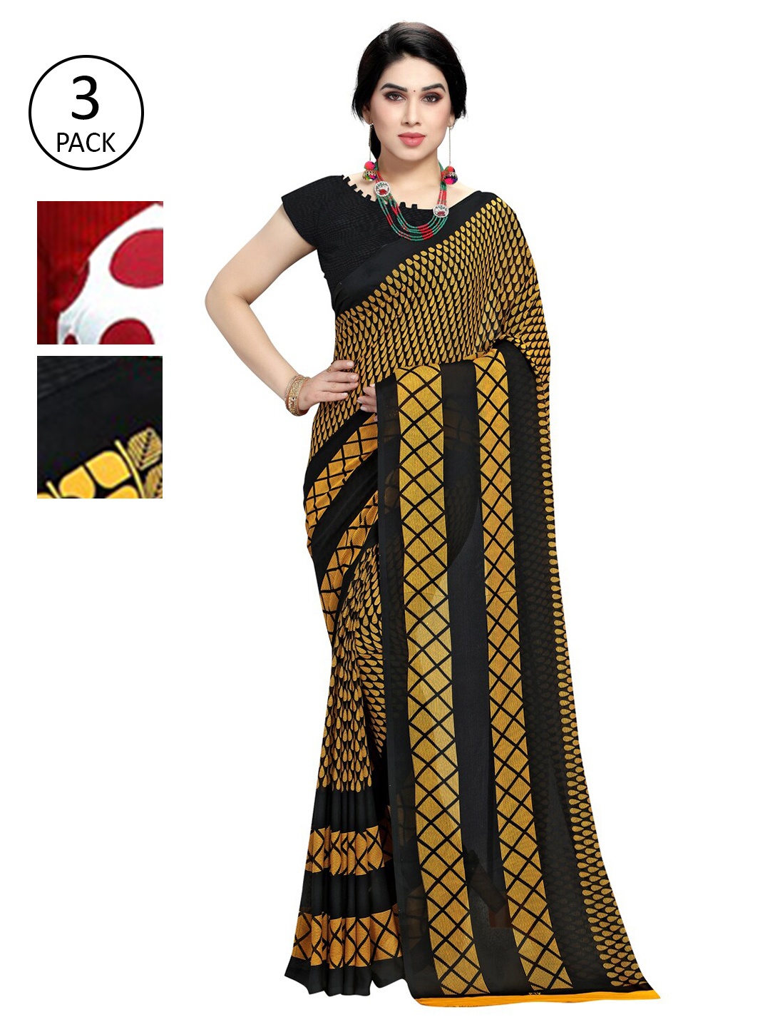 

KALINI Multicolour Printed Poly Georgette Daily Wear Sarees-Pack of 3, White