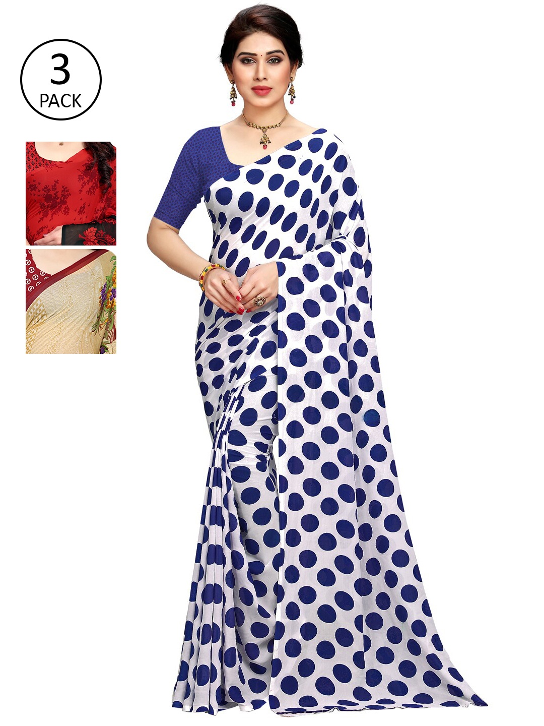

KALINI Pack Of 3 Multicoloured Printed Sarees, Red