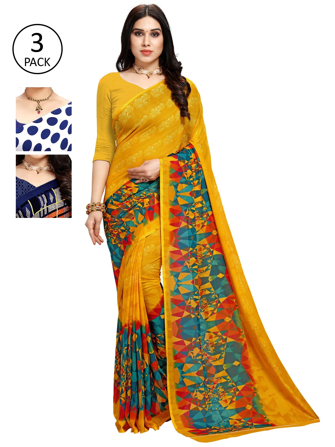 

KALINI Pack Of 3 Printed Saree, Mustard
