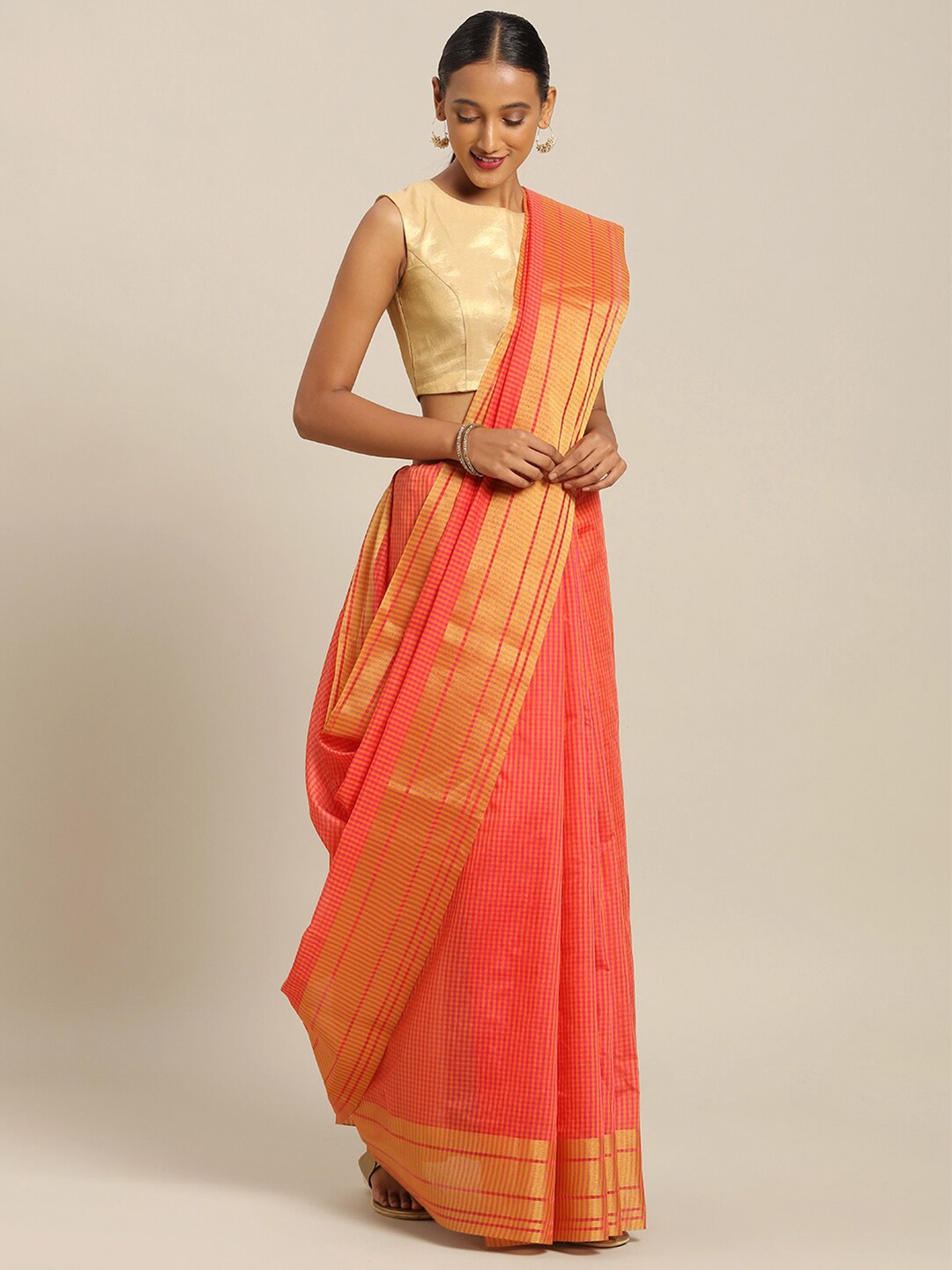 

KALINI Orange & Gold-Toned Checked Art Silk Saree