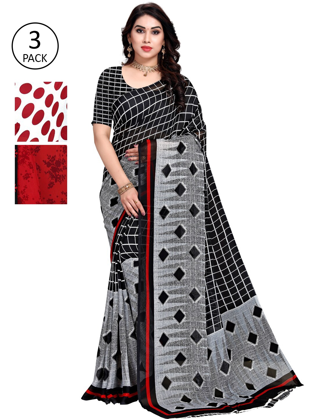

KALINI Women Women Pack of 3 Printed Sarees, Black