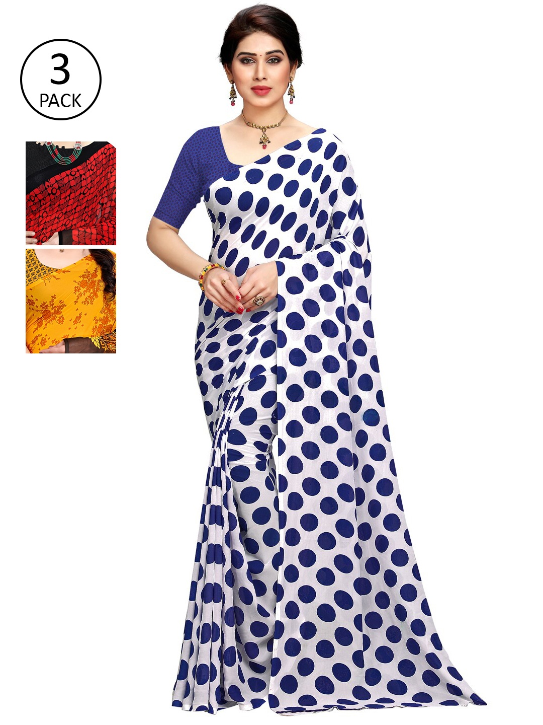 

KALINI Pack Of 3 White & Red & Yellow Printed Sarees