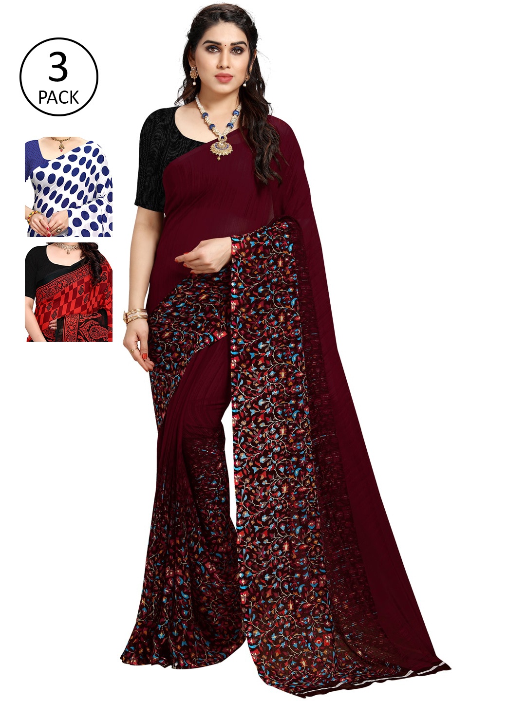 

KALINI Pack of 3 Poly Georgette Printed Sarees, White