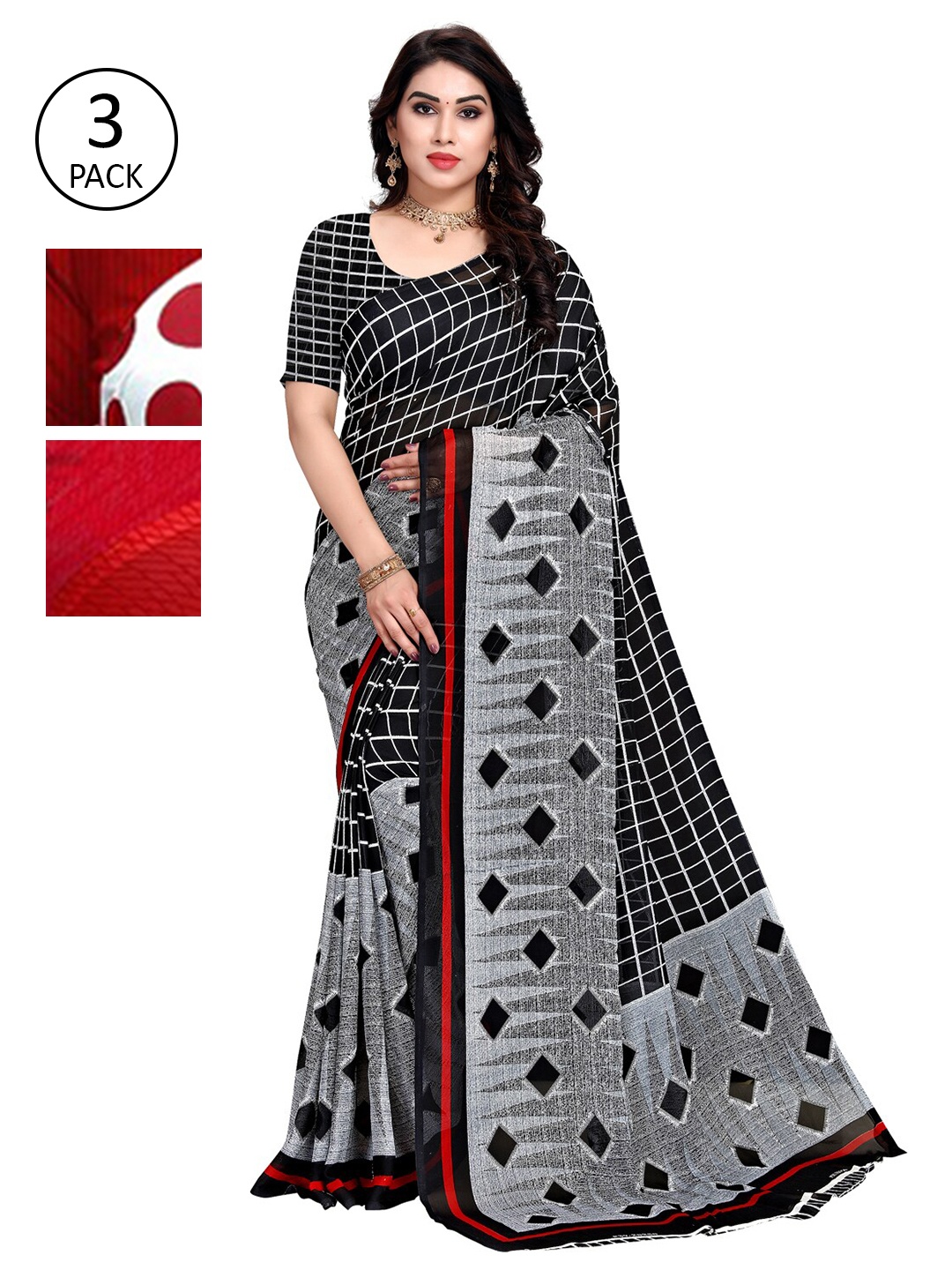 

KALINI Pack of 3 Poly Georgette Printed Sarees, White