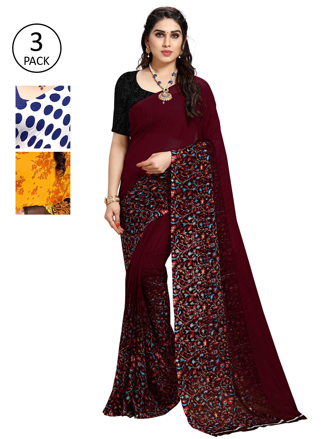 

KALINI Pack of 3 Poly Georgette Printed Sarees, White
