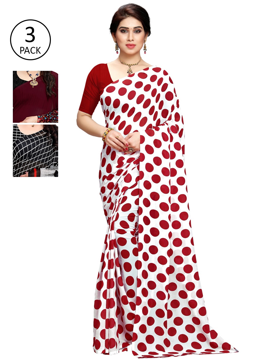

ANAND SAREES Set of 3 White, Maroon & Black Sarees