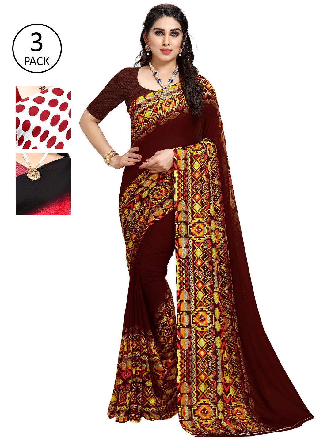 

KALINI Pack of 3 Poly Georgette Sarees, White