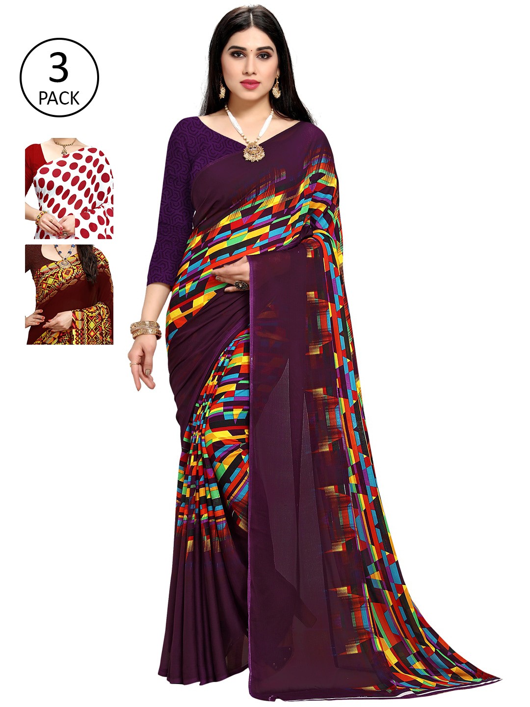 

KALINI Pack Of 3 Printed Poly Georgette Sarees, White