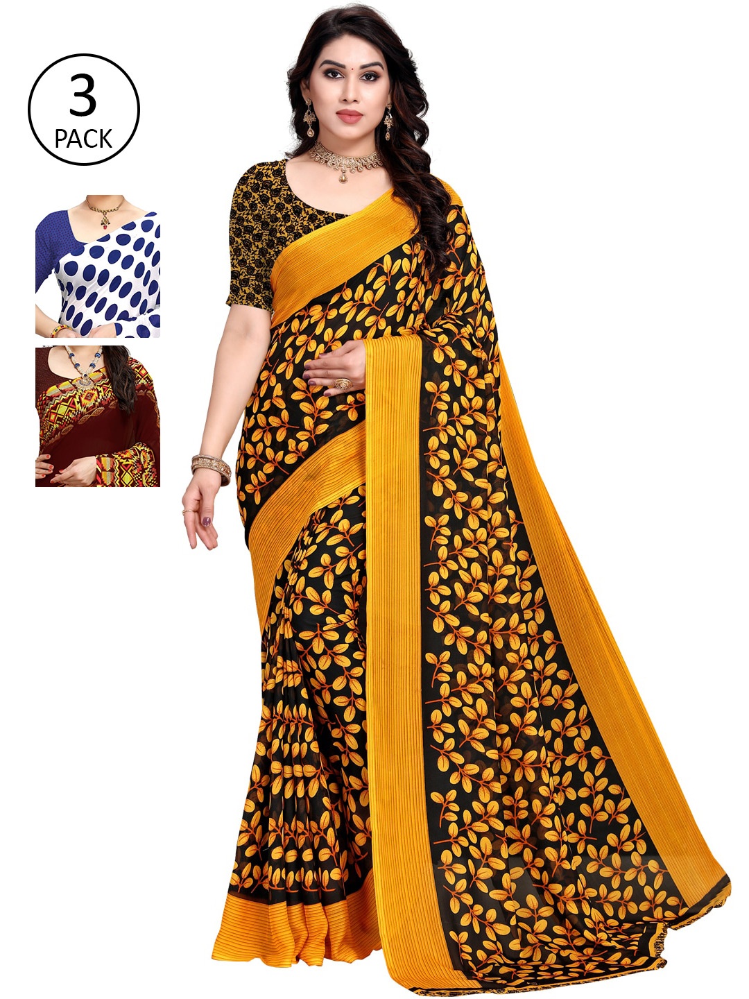 

KALINI Women Pack of 3 Printed Sarees, White