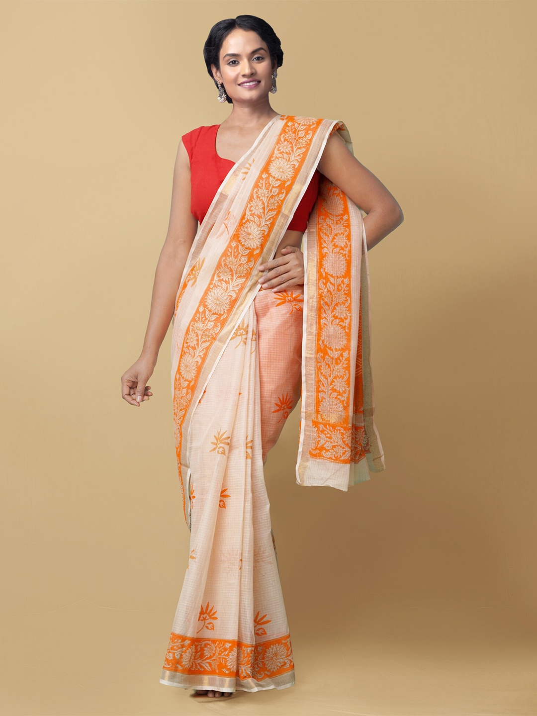 

Unnati Silks Cream-Coloured & Orange Floral Zari Pure Cotton Kota Handloom Saree