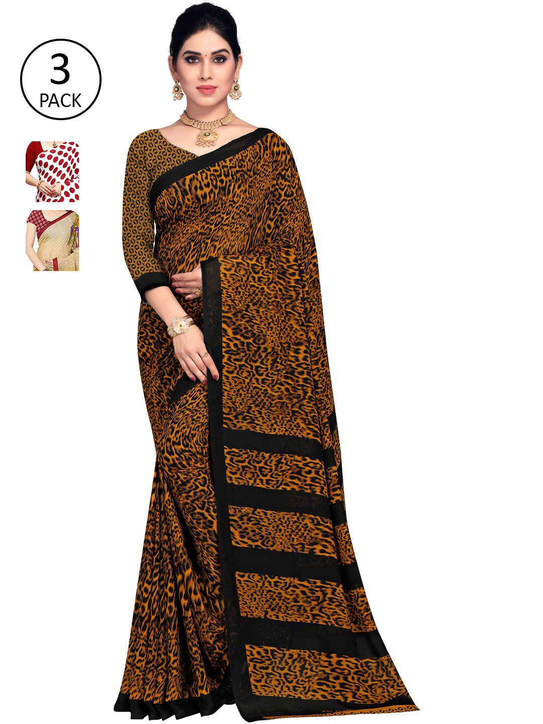 

KALINI Women Women Pack of 3 Printed Sarees, Brown