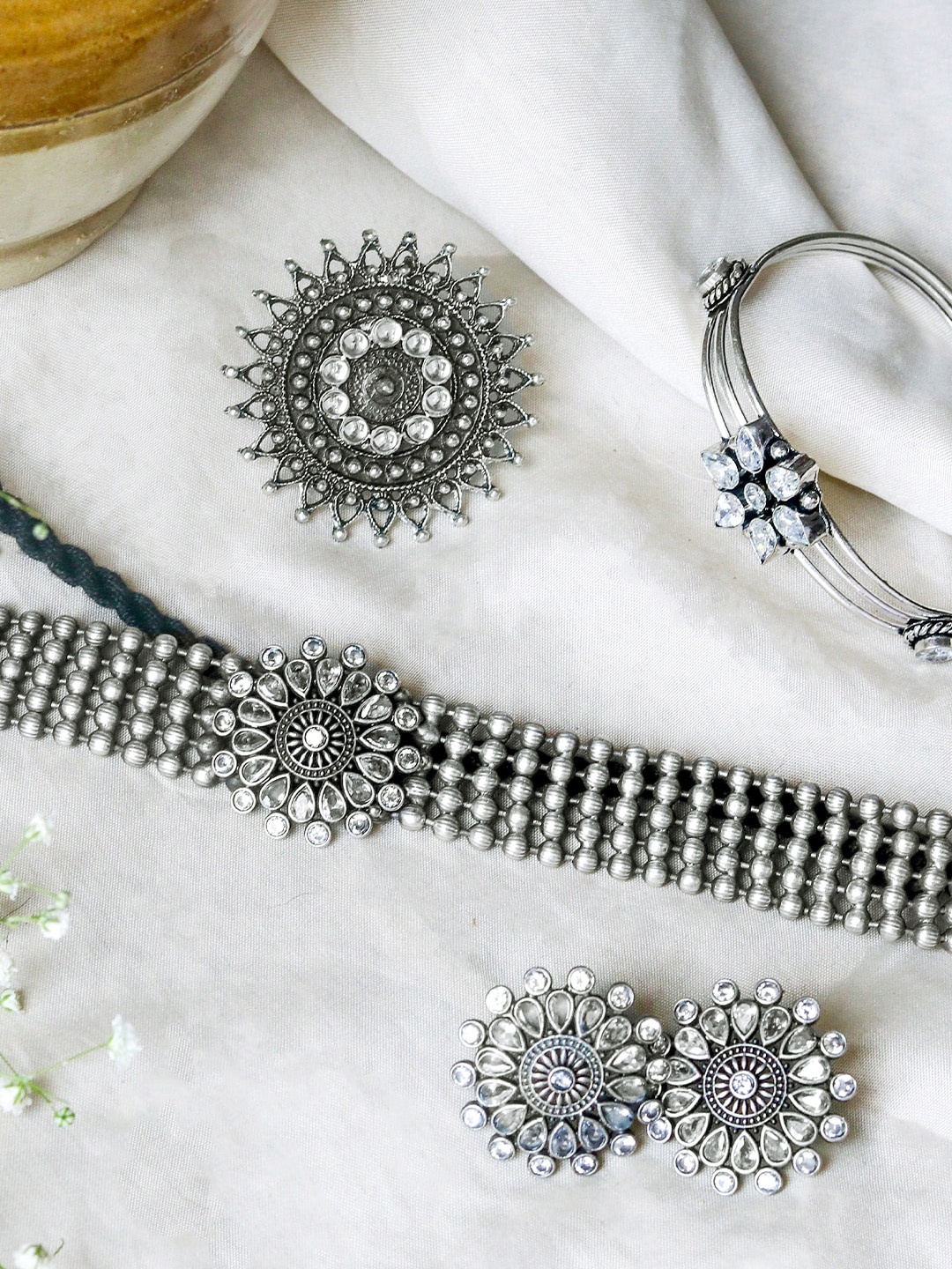 

TEEJH Oxidised Silver-Toned & White Artificial Beads & Stone-Studded Zuri Jewellery Set