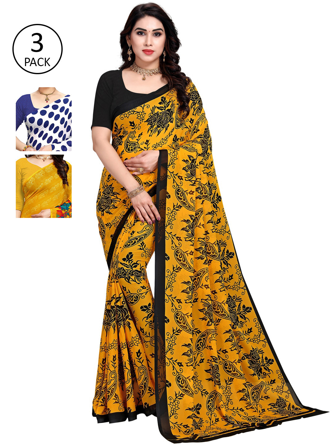 

KALINI Women Pack of 3 Printed Sarees, White