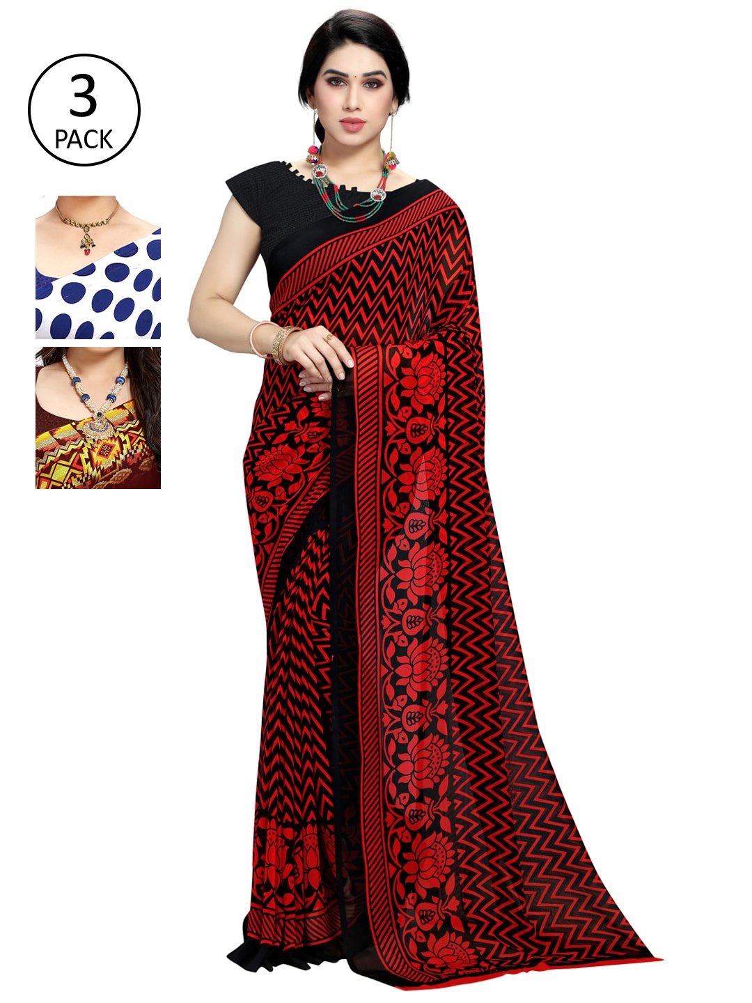 

KALINI Pack of 3 Poly Georgette Printed Sarees, Red