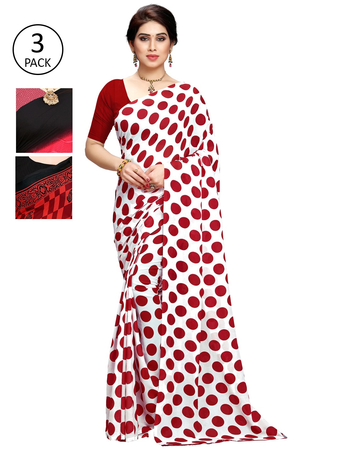 

KALINI Pack Of 3 Printed Poly Georgette Sarees, Red