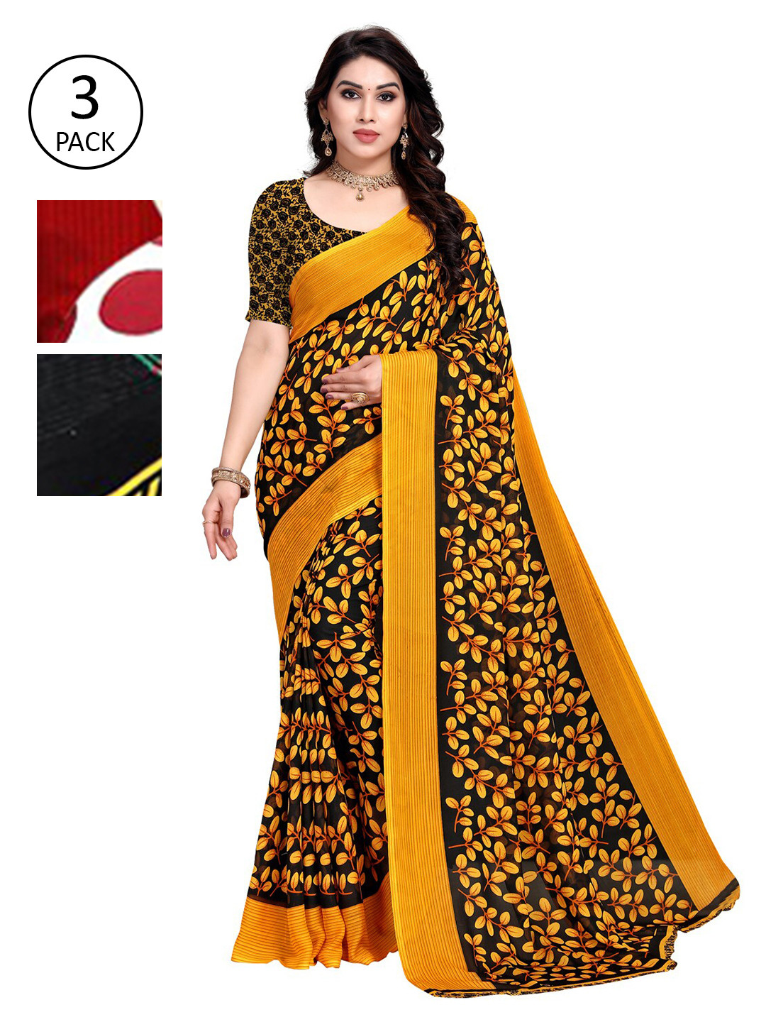 

KALINI Multicolor Georgette Printed Daily Wear Saree With Unstitched Blouse(Pack of 3), Mustard