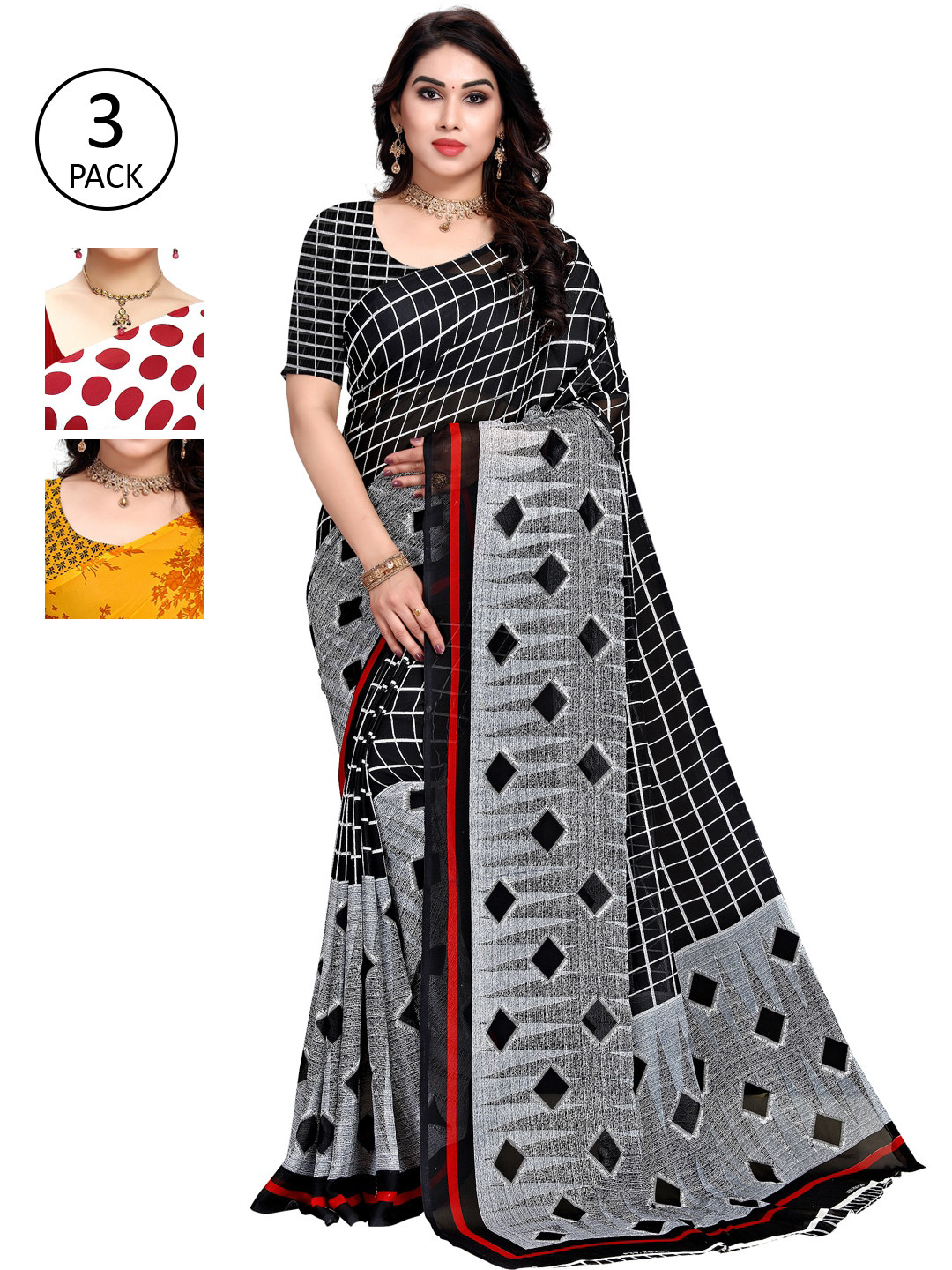 

KALINI Pack of 3 Poly Georgette Printed Sarees, White